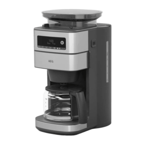 قهوه ساز آ ا گ مدل CM6-1-5ST، دارای صفحه گرم نگه دارنده قهوه، قابلیت تنظیم میزان غلظت قهوه، سیستم ضد چکه، به همراه آسیاب قهوه و قوری شیشه‌ای رونوشت